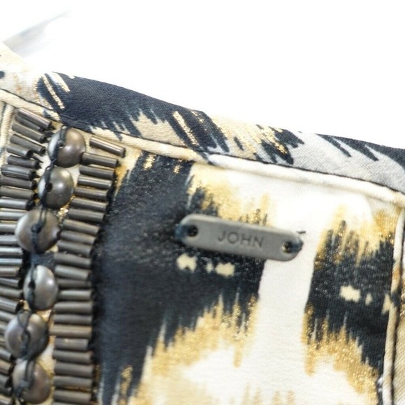 Beaded Crop Top Womens S Black Tan Ikat Halter Cut Out Boho Festival JOHN JOHN - Picture 7 of 8